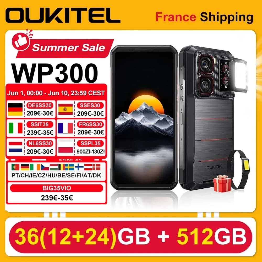OUKITEL WP300 Smartphone 36(12+24)GB 512GB Android 15 6.8" FHD+ 120Hz 5G 108MP 16000mAh 45W Camping Light Phones Smart Watches
