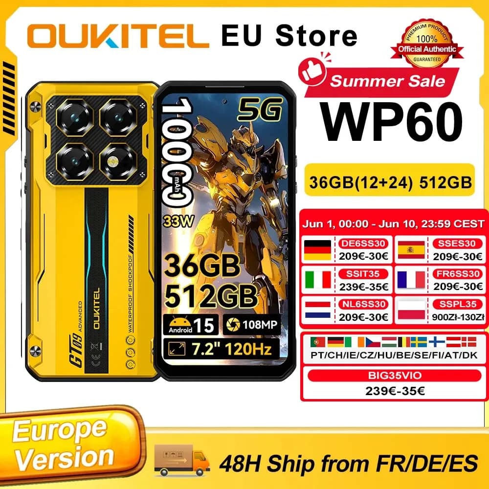 OUKITEL WP60 7.2” HD+ 120Hz Display Smartphone 36GB(12+24) RAM 512GB ROM MTK 7025 5G 10000mAh Rugged Phone 108MP Android 15 NFC