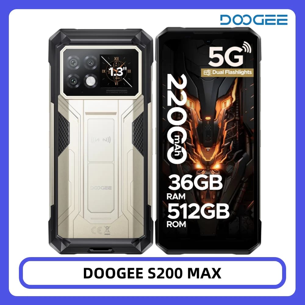 DOOGEE S200 Max Rugged Phone 36GB+512GB 22000mAh 66W Dual-LED Flashlight 1.32" Rear Display Dimensity 7050 108MP NFC Smartphone