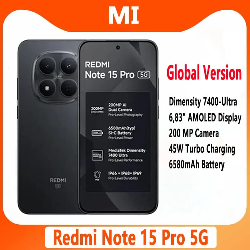 Global Version Xiaomi Redmi Note 15 Pro 5G Dimensity 7400-Ultra 6.83" Display 45W 6580mAh Battery 200MP Camera