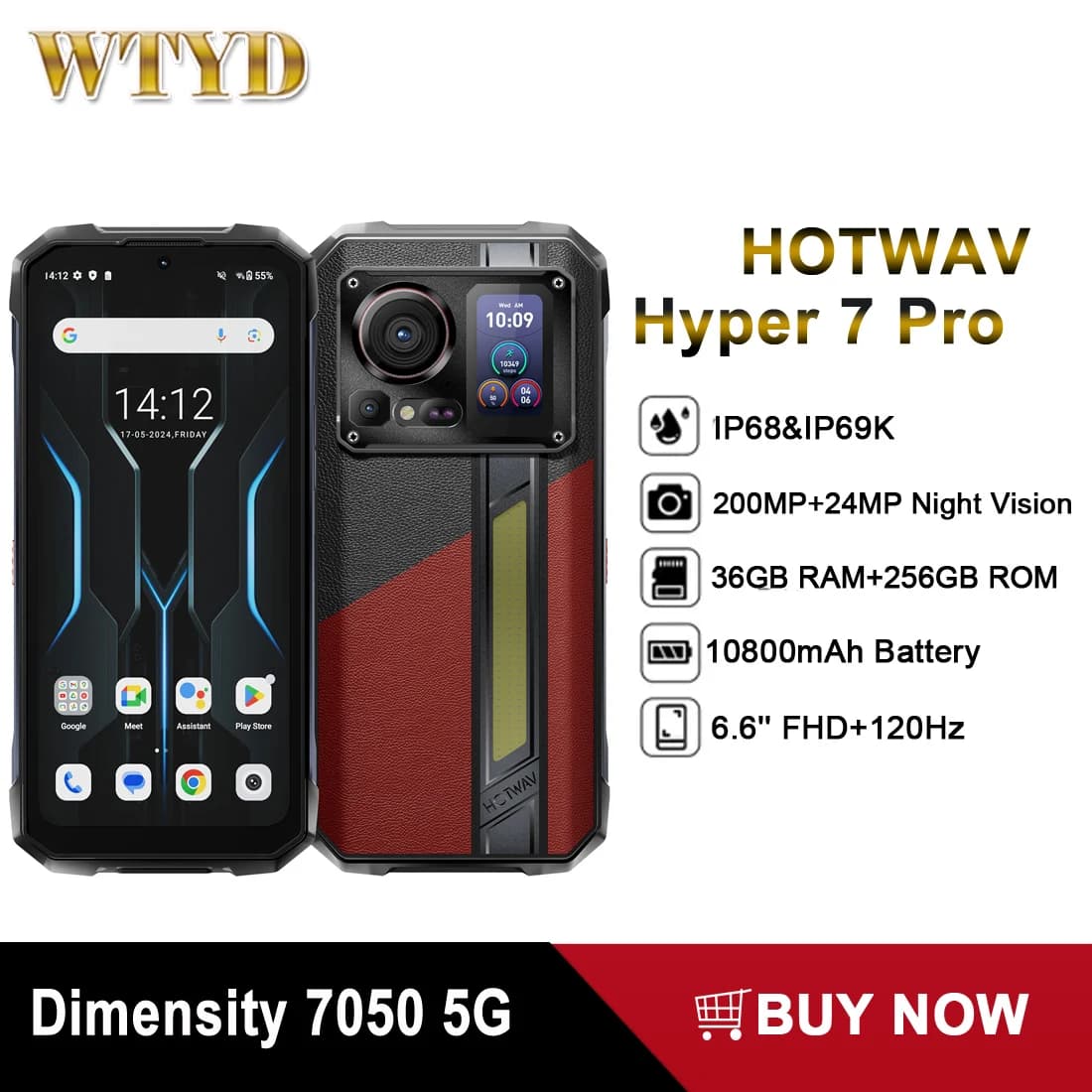 HOTWAV Hyper 7 Pro Rugged Phone 36GB 256GB Dimensity 7050 5G 200MP Android 14 6.6'' FHD+ 120Hz Smartphone 10800mAh 33W Cellphone