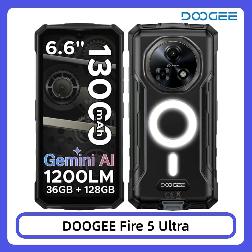 DOOGEE Fire 5 Ultra Rugged Phone 36GB 128GB 13000mAh Battery Helio G81 6.6'' HD+ Display 48MP Camera NFC Dual Camping lights Android 16 Smartphone