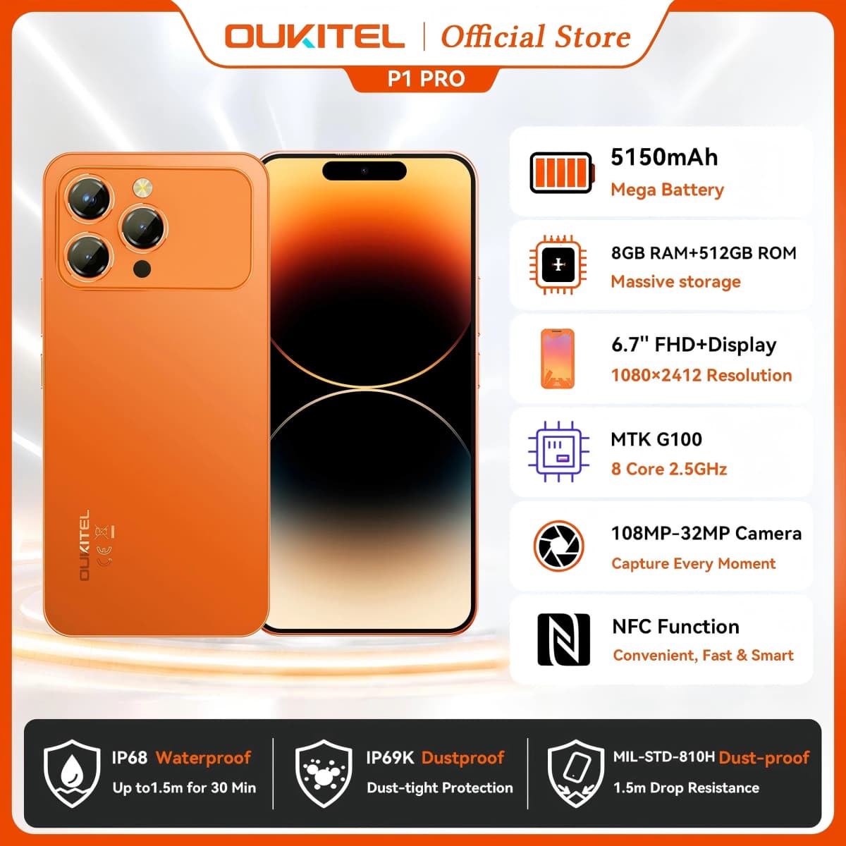 OUKITEL P1 PRO Smartphone 6.7" FHD+ AMOLED 120Hz Display 24GB+512GB Android Mobile Phone 5150mAh Battery 50MP Camera Helio G100