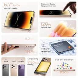 OUKITEL P1 PRO Smartphone 6.7" FHD+ AMOLED 120Hz Display 24GB+512GB Android Mobile Phone 5150mAh Battery 50MP Camera Helio G100