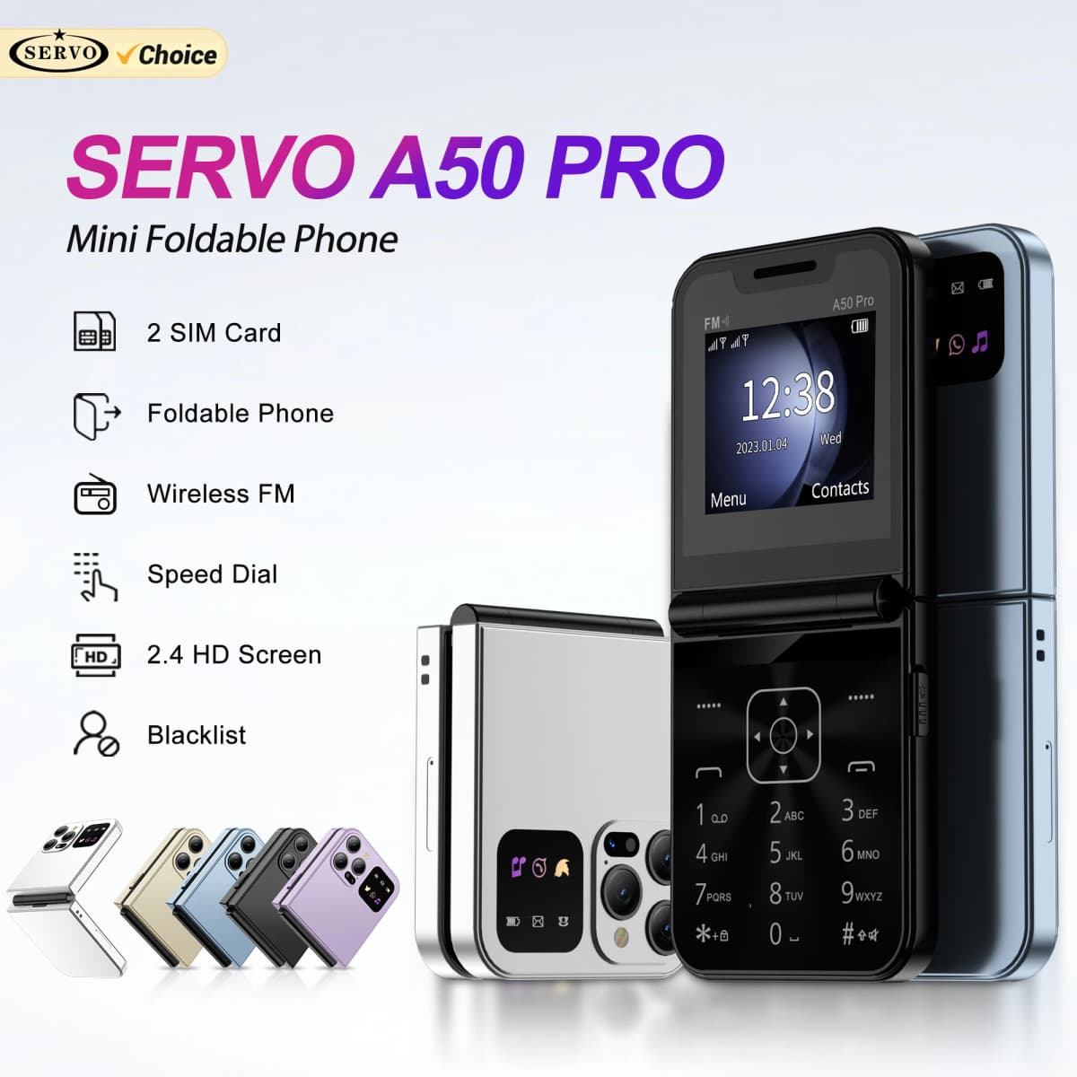 SERVO A50 PRO Flip Mobile Phone Dual SIM Standby Speed Dial Call Recording MP4 Player FM Radio 2G GSM Foldable Button Cellphones