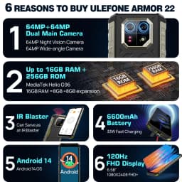 Ulefone Armor 22 Android 14,16GB (8+8GB RAM ),128GB/256GB ROM, 6.58" 120Hz ,6600mAh 33W,NFC,64MP Night Camera, Global Version