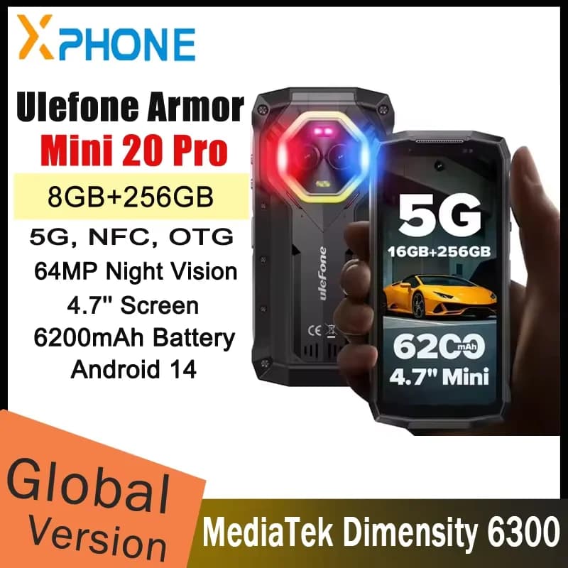 Ulefone Armor Mini 20 Pro Rugged Phone 8GB+256GB 4.7'' 64MP Night Camera Android 14 MTk Dimensity 6300 5G NFC Mobile phone