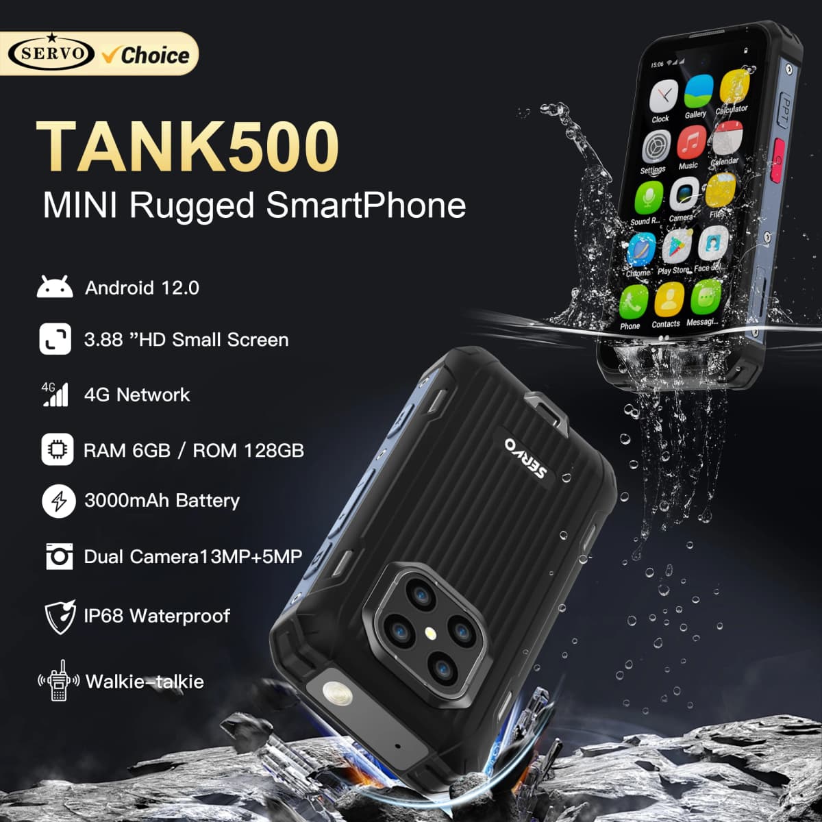 SERVO TANK500 IP68 Waterproof Mini Smart Phone 4G LTE Android 12 RAM 6GB ROM 128GB PTT Network Intercom Small Rugged Smartphones