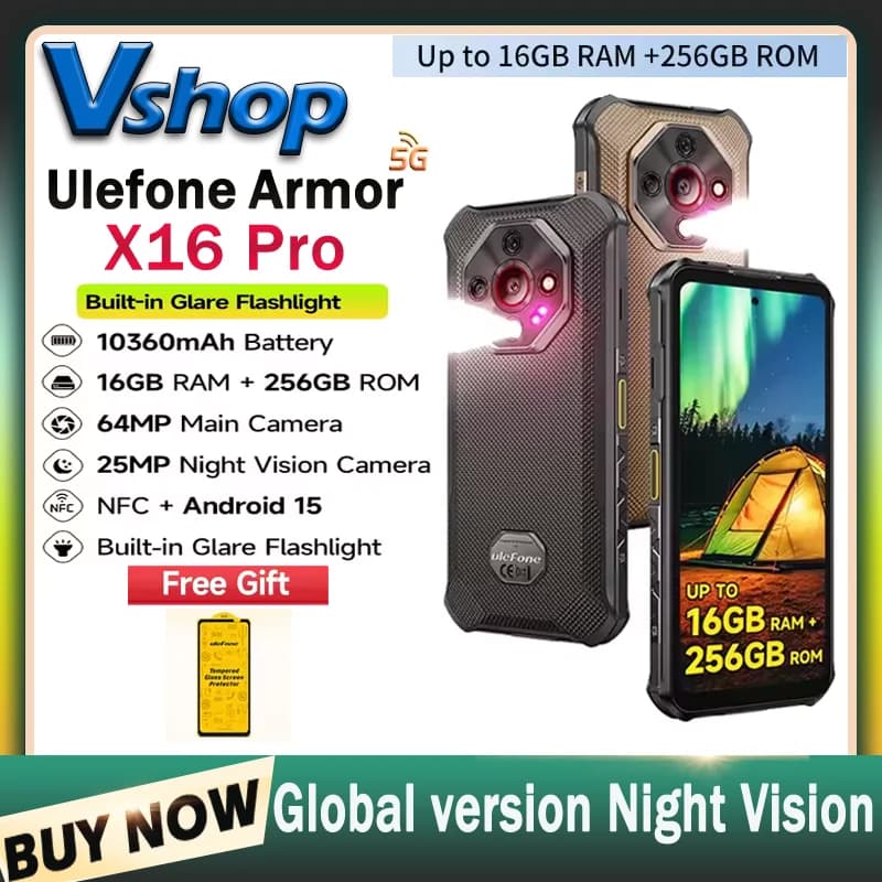Ulefone Armor X16 Pro 5G Rugged Phone 8GB+256GB 120Hz Glare Flashlight 6.56” Android 15 MTK 6300 NFC 10360mAh Battery Smartphone