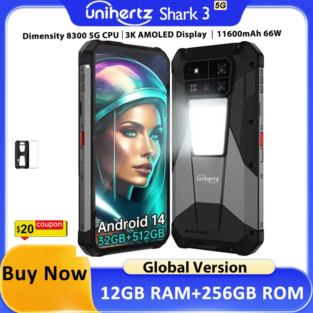 Unihertz Shark 3 by 8849 Rugged Smartphone Android 14 3K AMOLED Display 32GB RAM 512GB ROM Dimensity 8300 CPU Mobile Phone