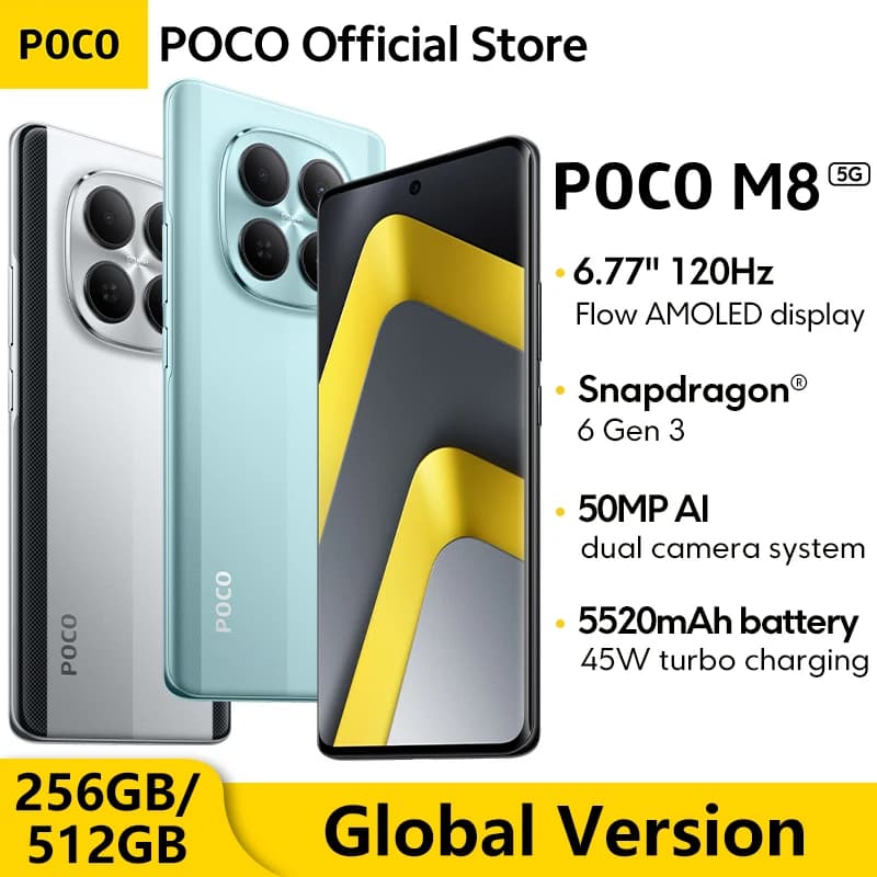 POCO M8 5G Global Version Smartphone 256GB 512GB Snapdragon® 6 Gen 3 NFC 6.77" 120Hz Display 50MP Main Camera 45W Charging