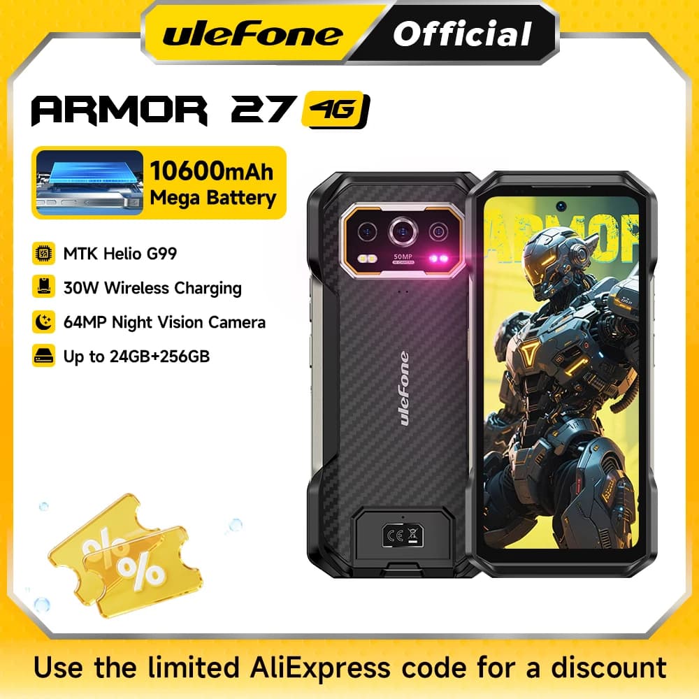 Ulefone Armor 27 4G Rugged Smartphone 64MP Night Vision+50MP+50MP 10600mAh 24GB+256GB Android 15 6.78" 120Hz NFC Global Version