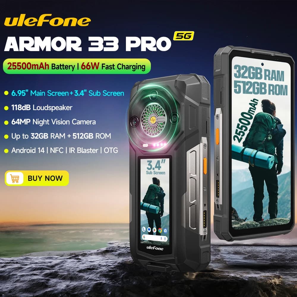 Ulefone Armor 33 Pro 5G Rugged Phone Smartphone Android 14 32GB+512GB 25500mAh Night Camera 64MP NFC Loud Speaker