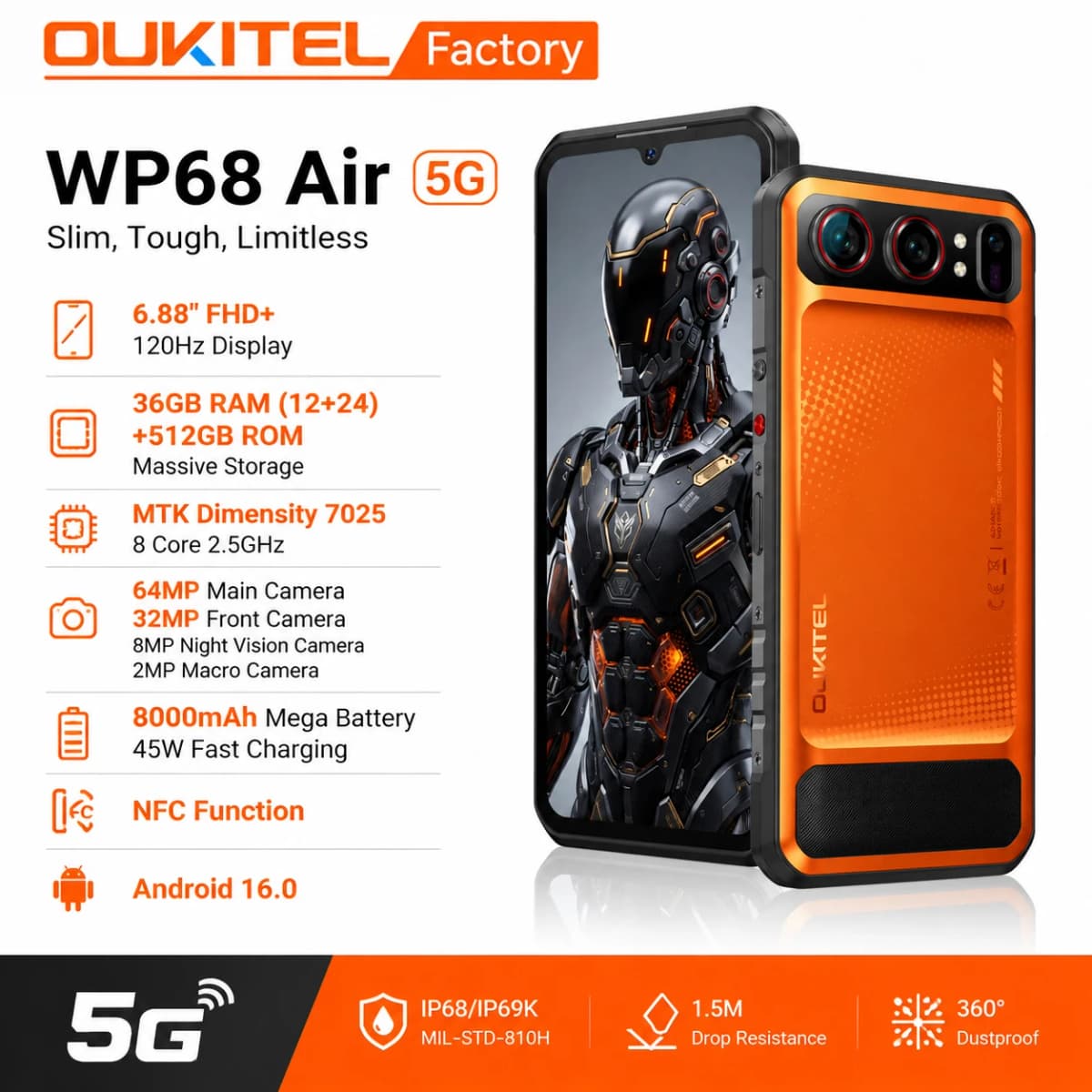 Global Version OUKITEL WP68 Air 5G Rugged Smartphon Android 16 6.88" HD+Display 36GB (12+24)+512GB 8000mAh 64MP NFC Mobile Phone