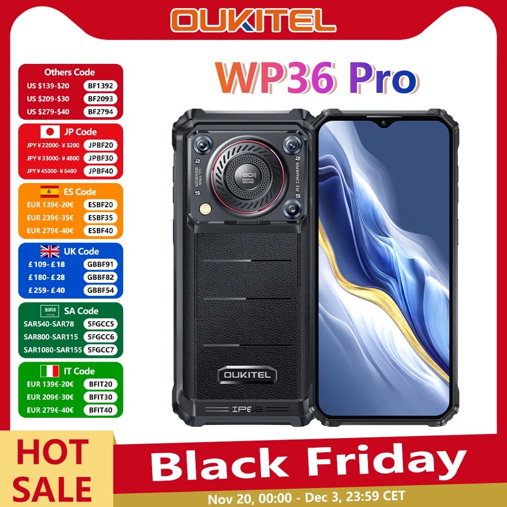 Oukitel WP36 Pro Rugged Smartphone 6.52' HD 60Hz 10600 MAh 6GB+256GB Mobile Phone Android 14 13MP+5MP NFC Cell Phone