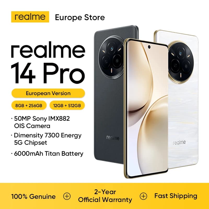 realme 14 Pro Smartphone 5G Titanic 6000mAh Battery 45W SUPERVOOC Charging 50MP Sony IMX882 OIS Camera, Dimensity 7300 Energy 5G Processor, 120Hz Curved Display