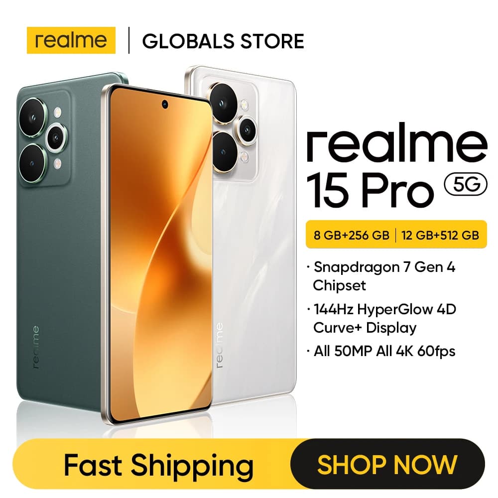 realme 15 Pro 5G Smartphone NFC Snapdragon 7 Gen 4 Chipset Triple 50MP Camera 6.8" 144Hz 4D Curve+ Display 7000mAh Battery 80W