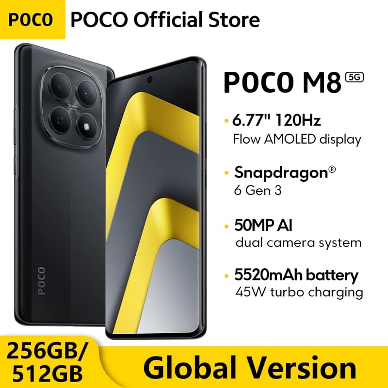 Global Version POCO M8 5G Smartphone 256GB 512GB Snapdragon® 6 Gen 3 6.77" 120Hz Display 50MP Camera NFC 5520mAh 45W