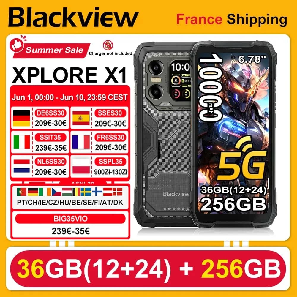 Blackview XPLORE X1 [No EU Charger] Rugged Smartphone 5G 6.78" Android 15 36GB(12+24)+256GB Dimensity 7050 10000mAh 55W NFC