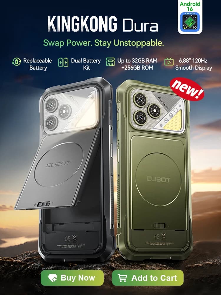 Rugged Smartphone Android 16 Cubot KingKong Dura, Up to 32GB RAM +256GB ROM, 6.88-Inch 120Hz Screen, IP68&IP69&MIL-STD-810H, NFC