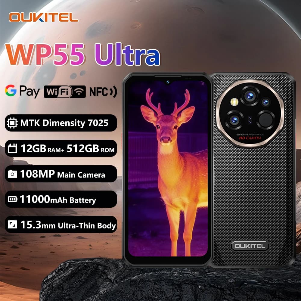 OUKITEL WP55 Ultra Rugged Phone - Thermal Imaging 5G MTK 7025,11000mAh,12+512GB,108MP 6.6" NFC Android15 Mobile
