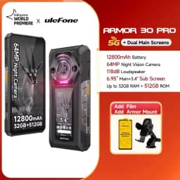 Ulefone Armor 30 Pro Rugged Phone 16GB+512GB Night Vision 6.95'' + 3.4'' Dual Screen Android14 Dimensity 7300X 5G NFC Smartphone
