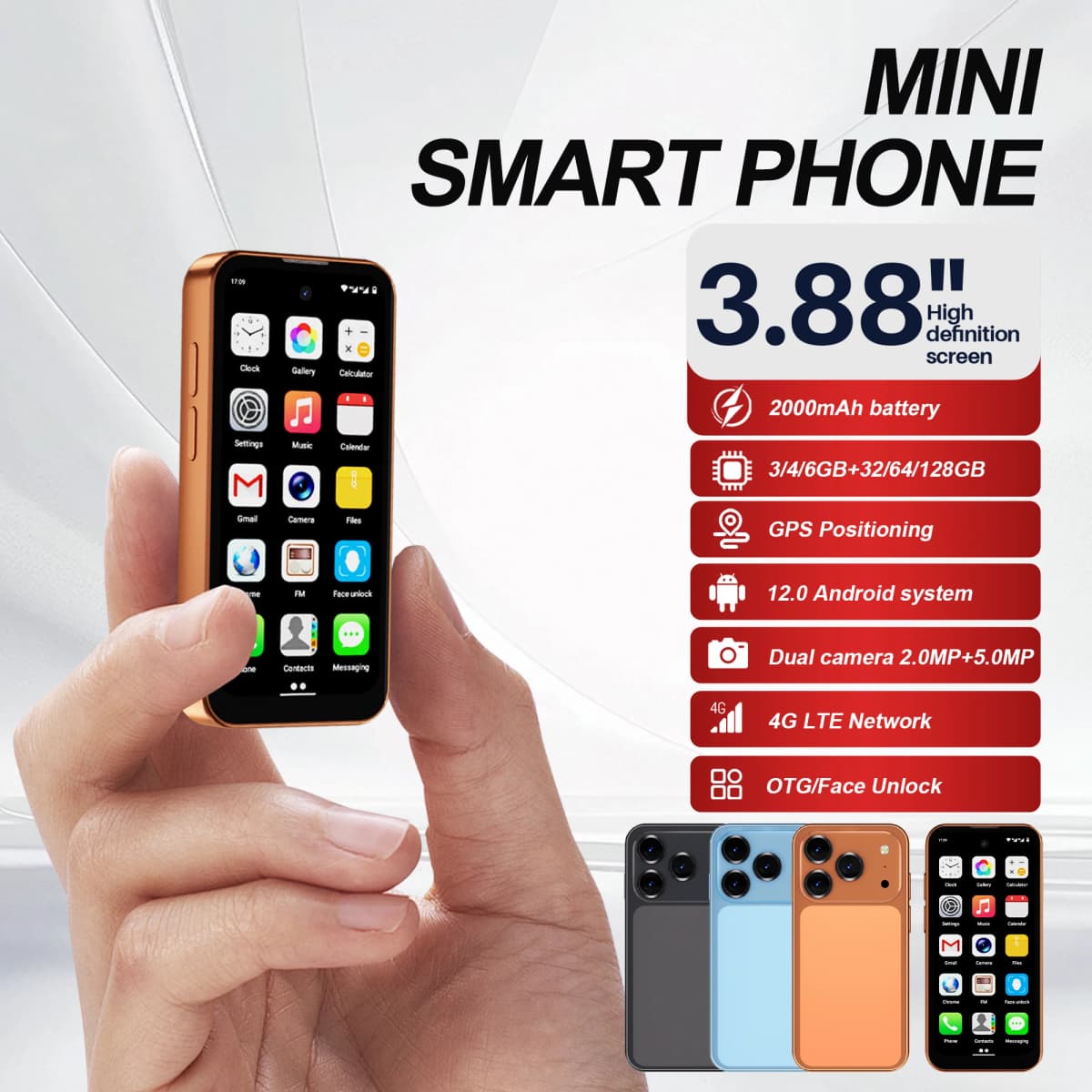 SERVO 4G LTE Mini Smartphone 3.88" Display Android 12 6GB+128GB Dual SIM Face Unlock GPS OTG WiFi Play Store Pocket Mobile Phone