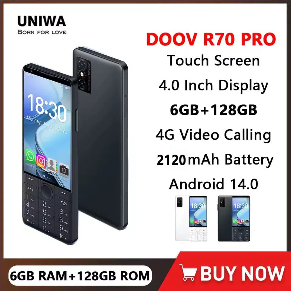 UNIWA DOOV R70 Pro 4G Smart Touch Screen Keypad Mobile Phone Android 14 4Inch 6GB RAM+128GB ROM 2120mAh Whatsapp Hebrew keyboard