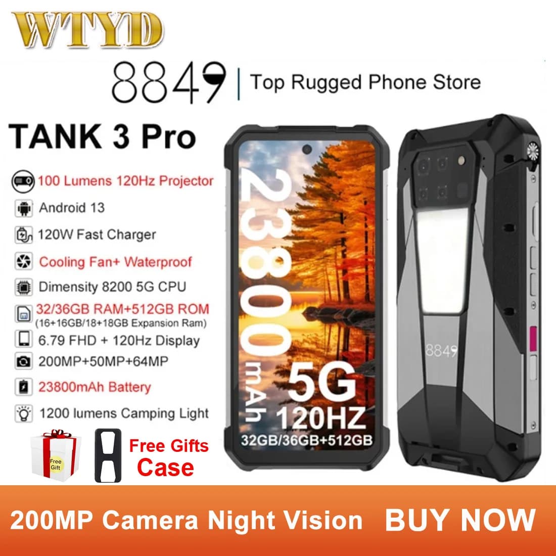 Unihertz Tank 3 Pro Rugged Phone 32/36GB 512GB Lumens Projector 200MP Camera Night Vision 6.79'' 23800mAh NFC 5G Smartpphone