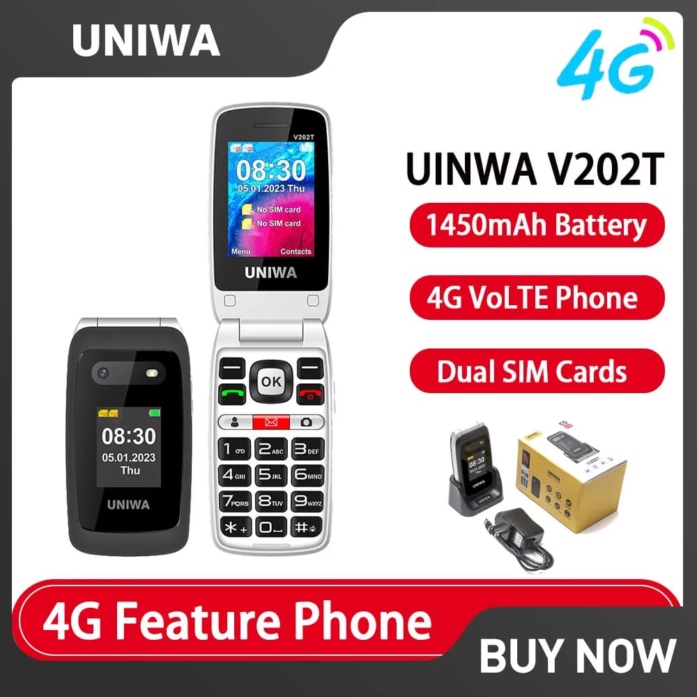 UNIWA V202T 4G VoLTE Phone Double Screen Dual SIM Cards 1450mAh SOS Button Flip Phones Support Russian keyboard Multi-language