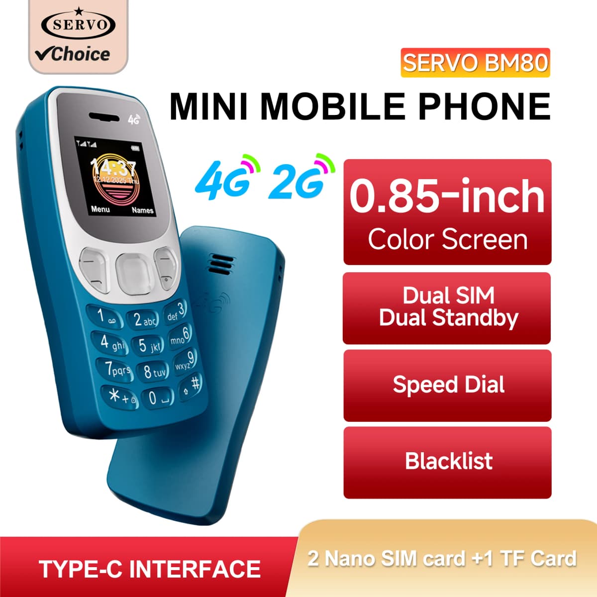 SERVO BM80 2G VS 4G Mini Mobile Phone Dual SIM Speed Dial Auto Call Recording Blacklist Magic Voice Small Cellular Phones Type-C
