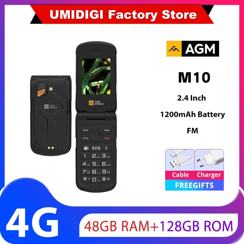 AGM M10 Rugged 4G Feature Phone Big Button Full Band Flip Phone Dual SIM Cellphone With Loud Speaker English or Russian Keyboard