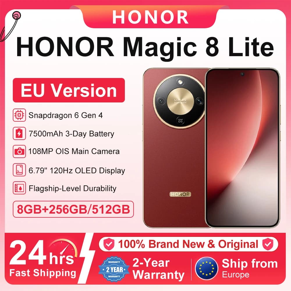 HONOR Magic 8 Lite EU Version Snapdragon 6 Gen 4 IP69K 2.5m Drop-Resistant Dust-Resistant 7500mAh 66W Supercharge 108MP OIS AI Camera eSIM 6.79” 120Hz AMOLED
