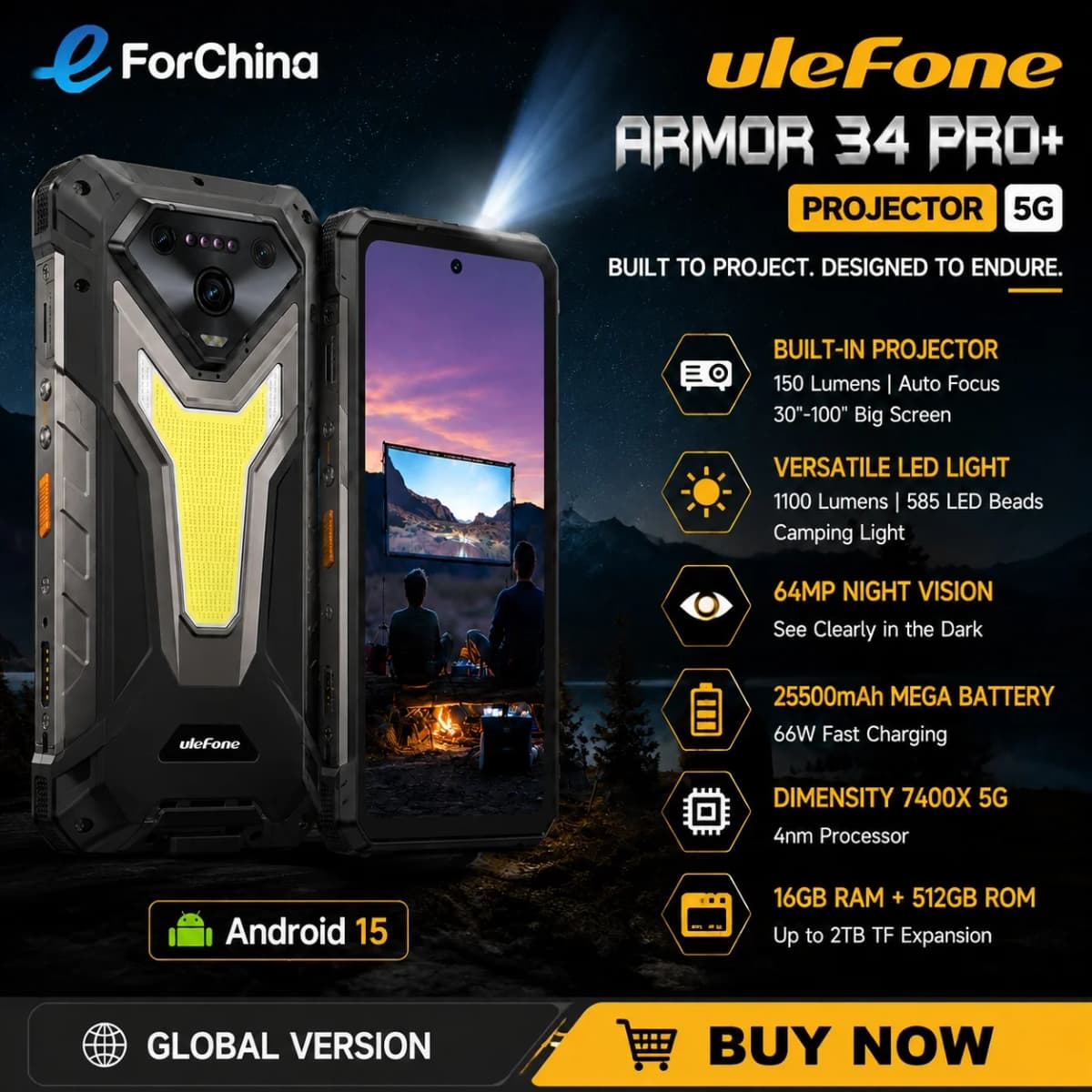 Ulefone Armor 34 Pro+ Rugged Smartphone 5G Projector 6.95" 120Hz 16GB+512GB 25500mAh 66W 64MP Night Vision Android 15 NFC