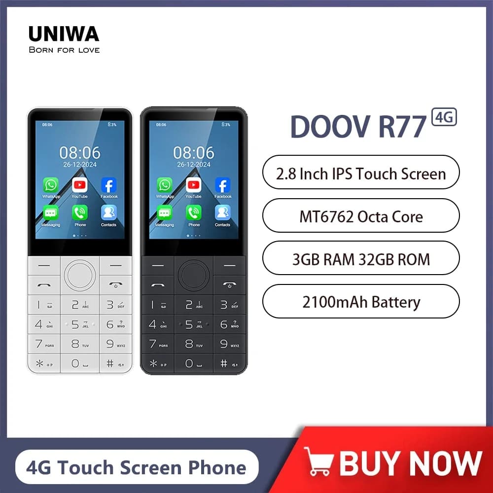DOOV R77 4G Smart Touch Screen Keypad Mobile Phone Without Camera 3GB+32GB 2100mAh 2.8 Inch Smartphone Android Hebrew Keyboard