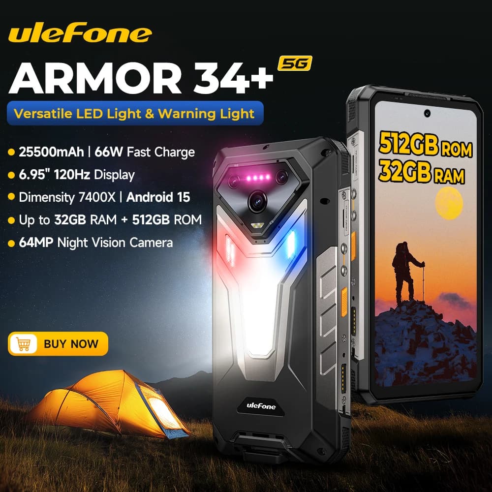 Ulefone Armor 34+ 25500mAh Rugged Phone 5G AI Smartphone Android 15 Up to 32GB+512GB 64MP Night Camera 6.95" 120Hz Display NFC