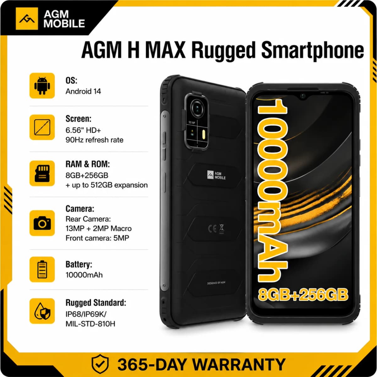 AGM H MAX Rugged Smartphone 8+256GB 10000mAh Battery HD+ Display 3 Card Slot NFC OTG Reverse Charge Waterproof Smartphone