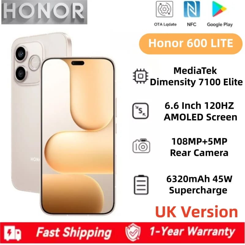 HONOR 600 Lite Global Version 5G Smartphone Dimensity 7100 Elite Camera 6520mAh 45W Supercharge 6.6" 120HZ AMOLED Display NFC