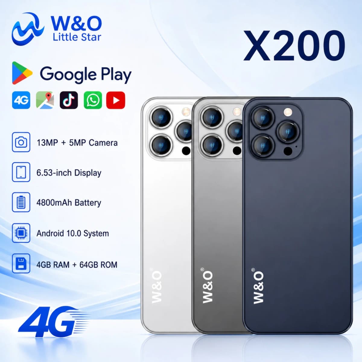Global Version W&O X200 4G 6.53Inch Business Smartphones Android 10.0 4GB 64GB Mobile Phone Dual SIM 4800mAh 13MP Camera 128GBTF