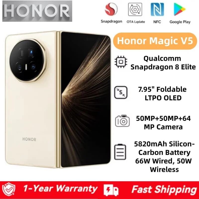 HONOR Magic V5 Global Version Foldable Smartphone Snapdragon 8 Elite 7.95" OLED Display 5820mAh Battery 66W NFC 50MP Cameras