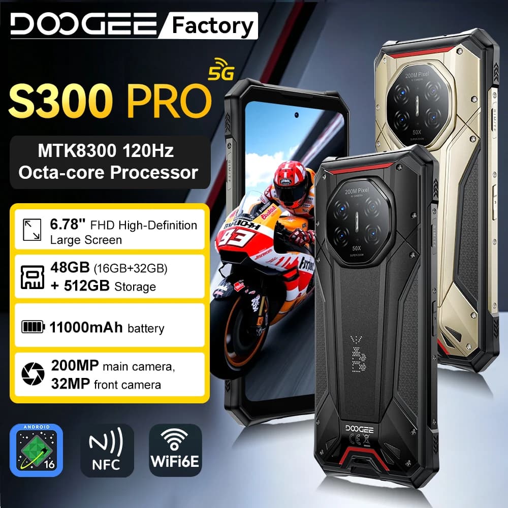 DOOGEE S300 Pro Rugged Smartphon 5G 6.78" FHD+ Dimensity 8300 Octa-core 48GB+512GB 11000mAh 200MP 66W Android16 NFC Mobile Phone