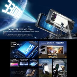 OUKITEL WP100 Titan 5G Rugged Phone 36GB(12+24)+512GB 33000mAh 66W 200MP 6.8'' Android 14 Projector Camping Light Smartphone