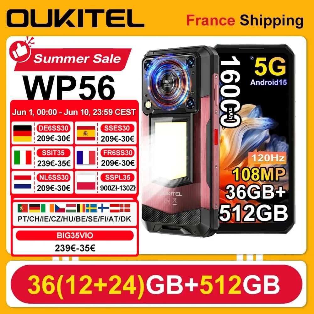Smartphone OUKITEL WP56 36GB (12+24) 512GB Android 15 16000 mAh 45W Lampe de camping 6.8'' 120Hz 128dB 108 MP 5G Mobile Phone