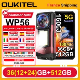 Smartphone OUKITEL WP56 36GB (12+24) 512GB Android 15 16000 mAh 45W Lampe de camping 6.8'' 120Hz 128dB 108 MP 5G Mobile Phone