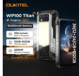 Oukitel WP100 Titan Rugged Phone 33000mAh 66W Charger 200MP Camera Built-in Projector Camping Light CellPhone, NFC 5G Smartphone