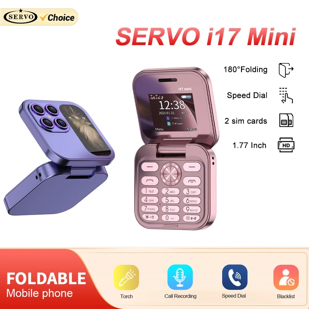 SERVO I17 Mini Foldable Mobile Phone GSM 2 SIM Card Magic Voice FM Radio Blacklist Type-C 1.77' Screen Small Flip Telephones