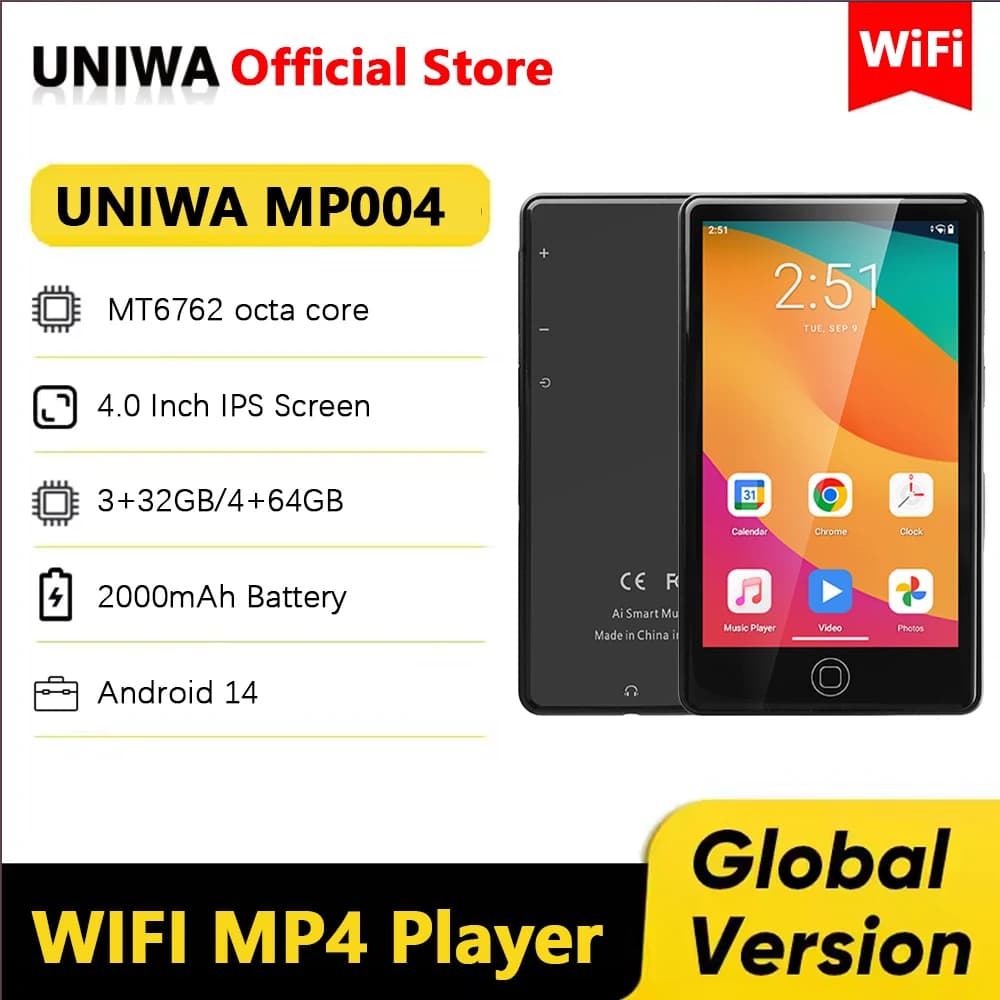 UNIWA MP004 MP4 Player Android 14 with Bluetooth and WiFi 4 Inch 3+32GB/4+64GB 2000mAh MP3 MP4 Players FM Radio Whatsapp YouTube