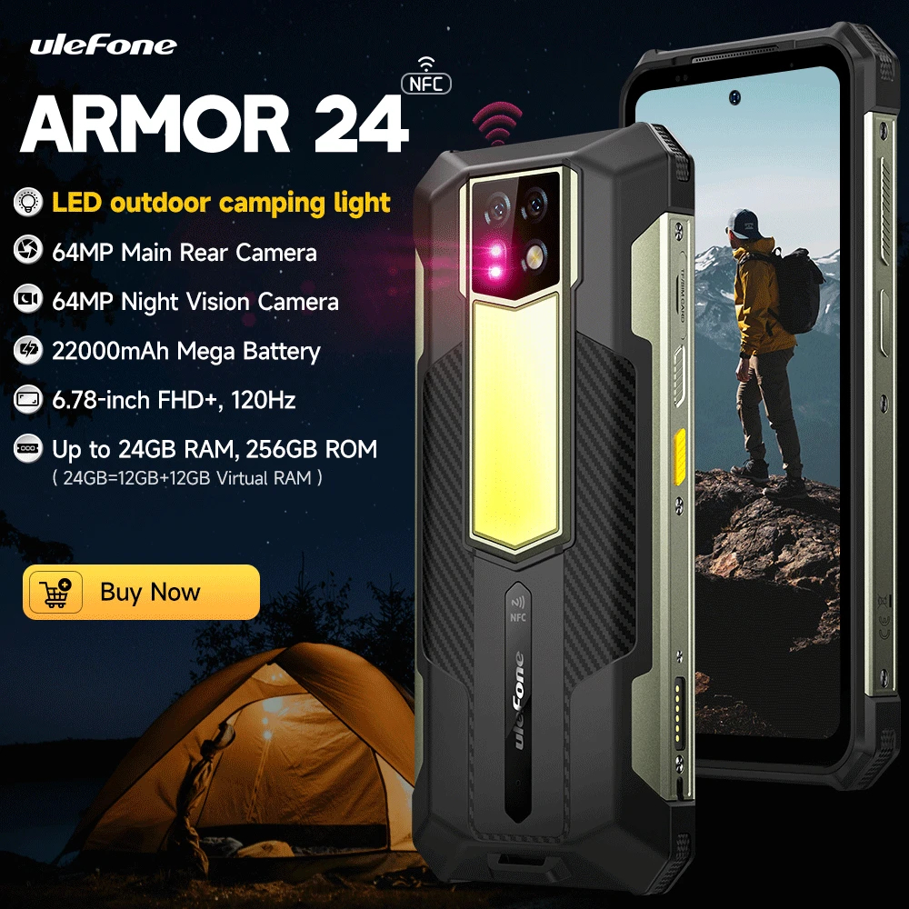 Ulefone Armor 24 Rugged Smartphone Up to 24GB RAM 256GB ROM 22000mAh 66W 64MP Night Camera 6.78"120Hz Android 15 Global Version