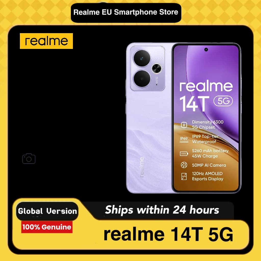 realme 14T 5G 8GB+256GB Smartphone, Dimensity 6300 processor, 6.67" and 120Hz AMOLED eSports display, 5260mAh battery, IP69 water resistance, (without adapter)