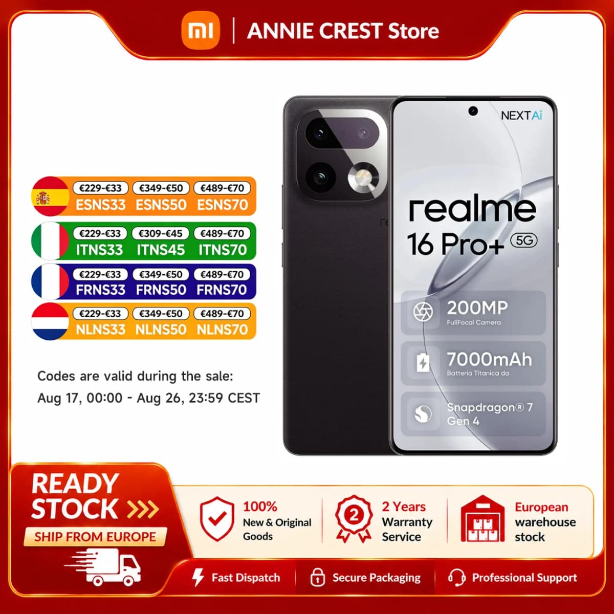 Smartphone Realme 16 Pro Plus 5G 12GB Battery 7000 mAh screen "Hz sensor MP Charge 80 W IP69 Double SIM Android 16 sphotdragon 7 Gen 4 European Version